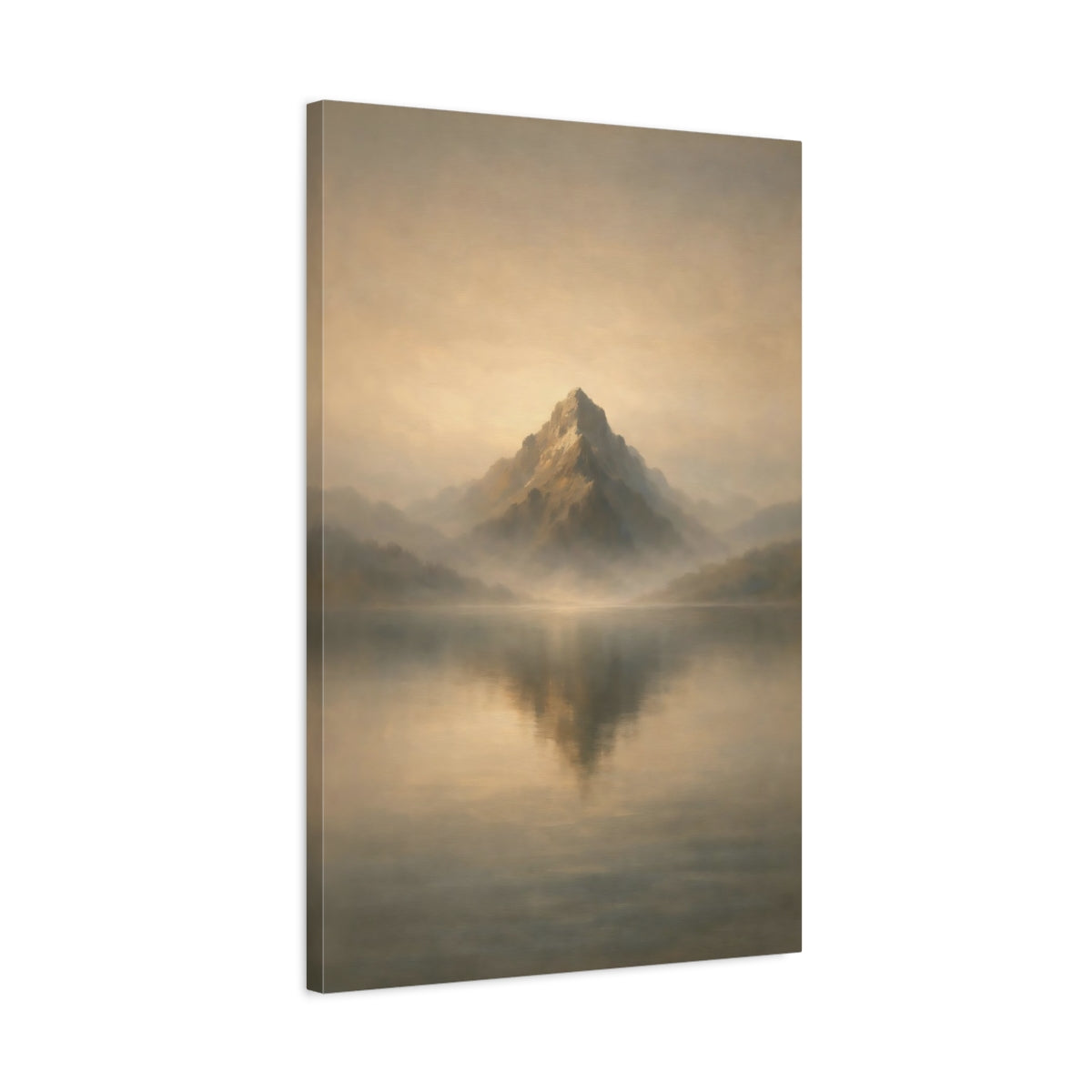Side Mockup 2. Nature Mountain Lake Golden Mountain Lake shown as stretched canvas wall art