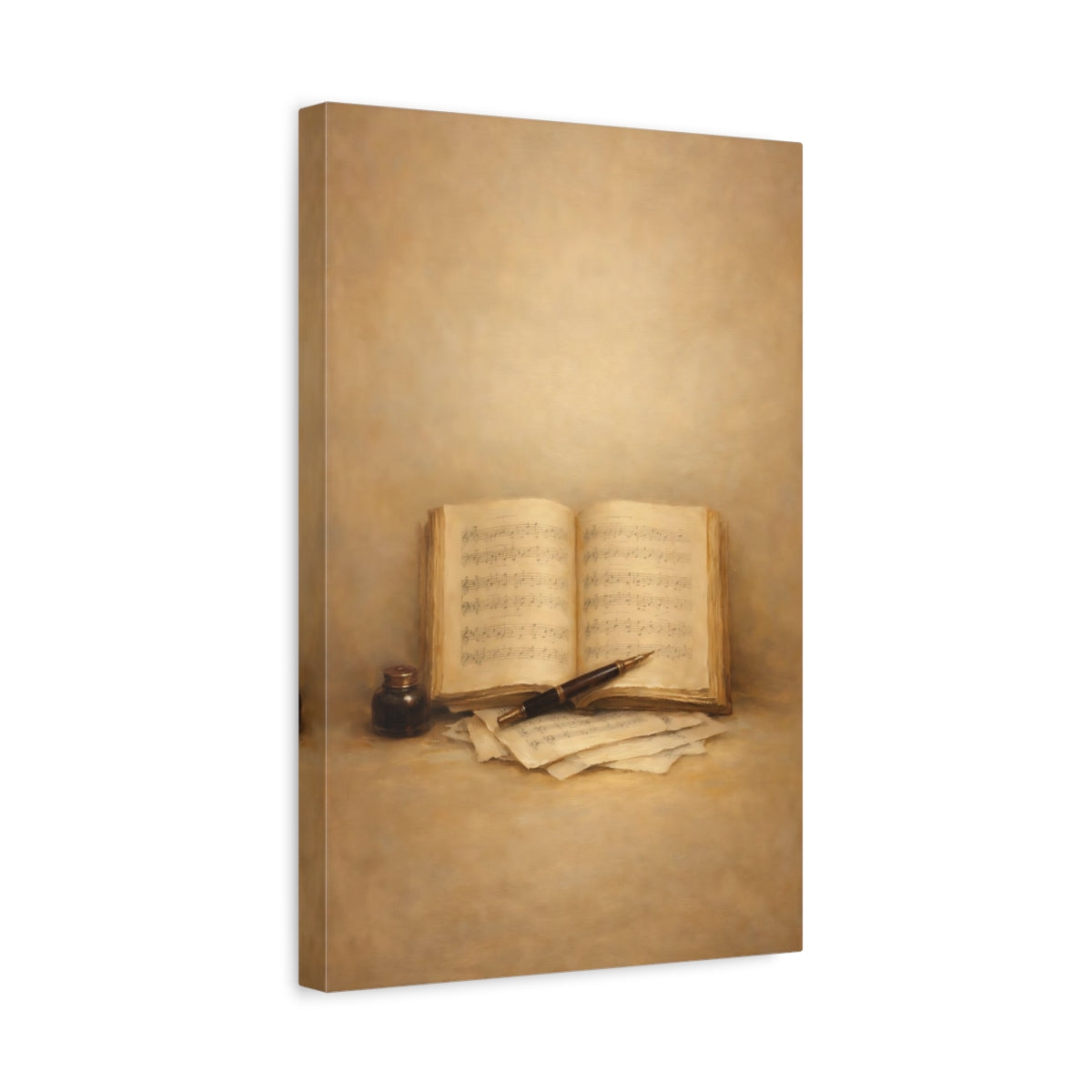 Side Mockup 4. Vintage Music Book Brown And Gold shown as stretched canvas wall art