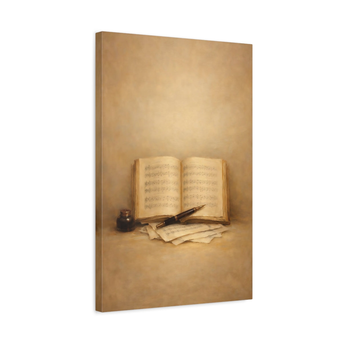 Side Mockup 3. Vintage Music Book Brown And Gold shown as stretched canvas wall art