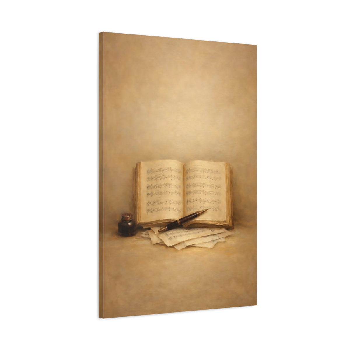 Side Mockup 1. Vintage Music Book Brown And Gold shown as stretched canvas wall art