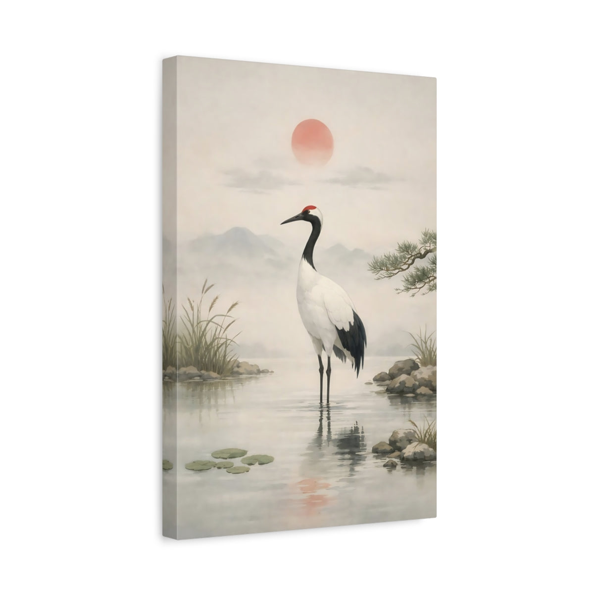 Nature Crane Muted Grey Red - Canvas Wall Art Print