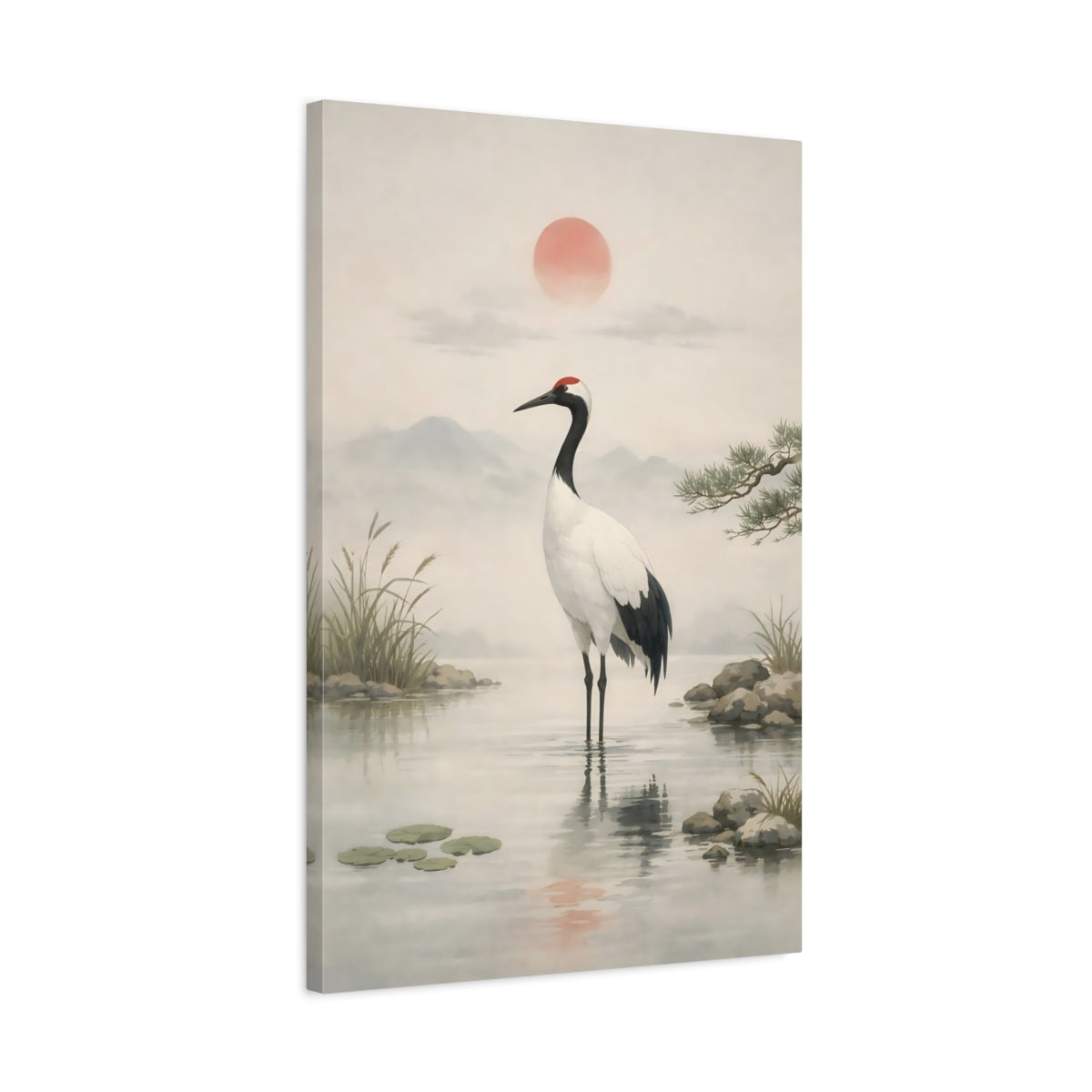 Nature Crane Muted Grey Red - Canvas Wall Art Print