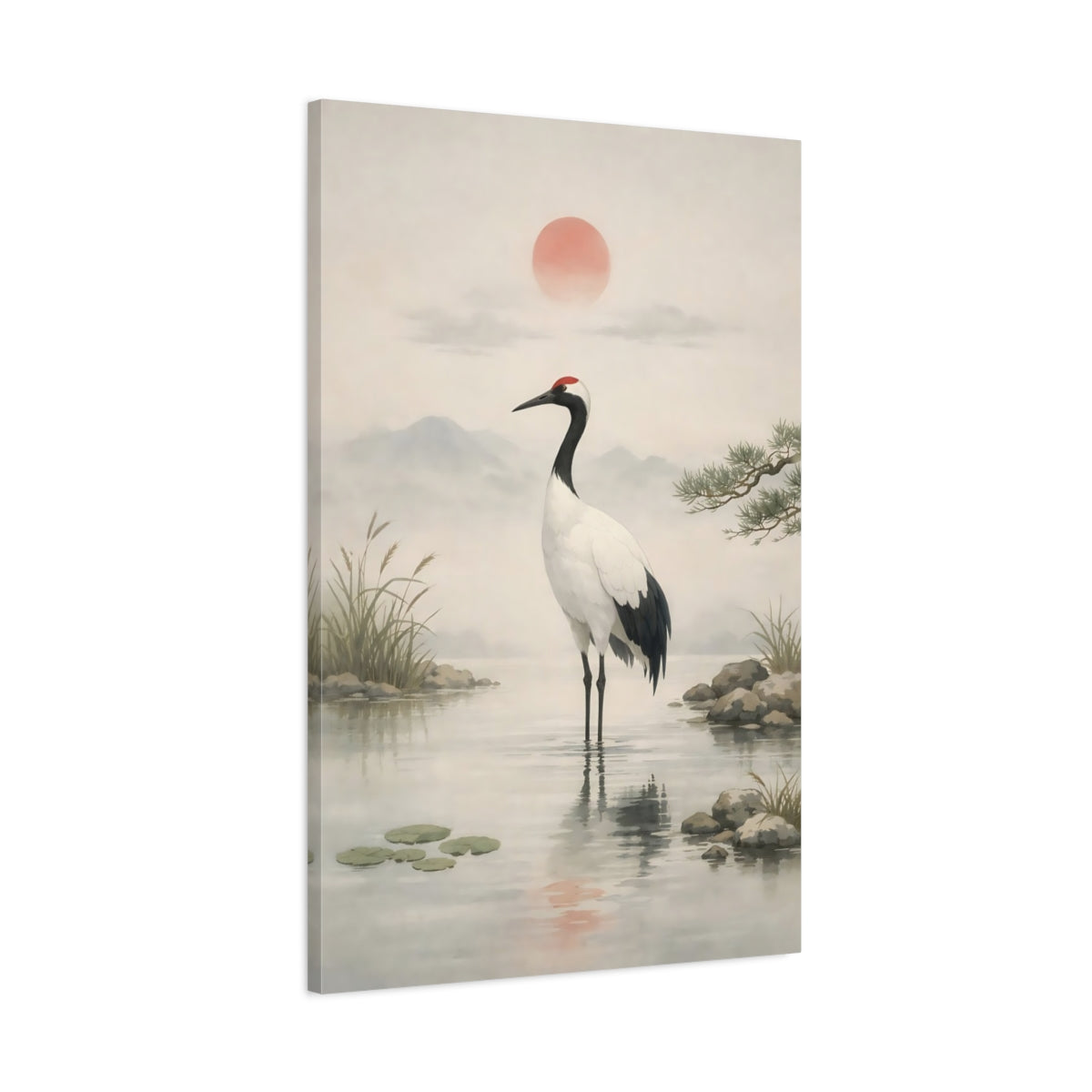 Nature Crane Muted Grey Red - Canvas Wall Art Print