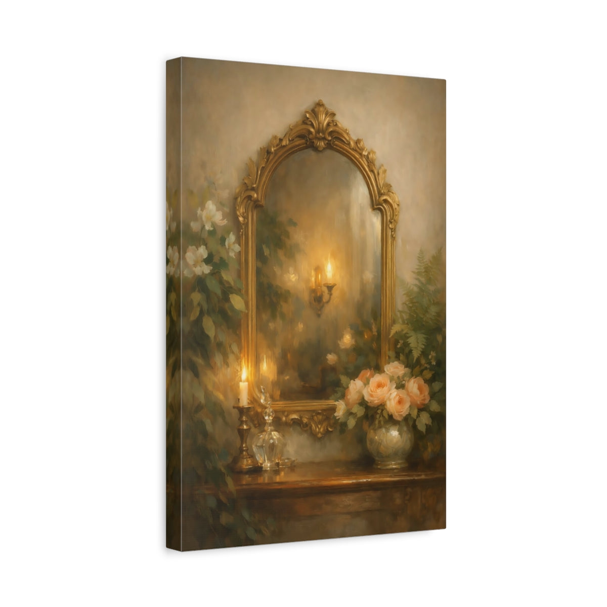 Side Mockup 4. Vintage Ornate Mirror Gold And Green shown as stretched canvas wall art