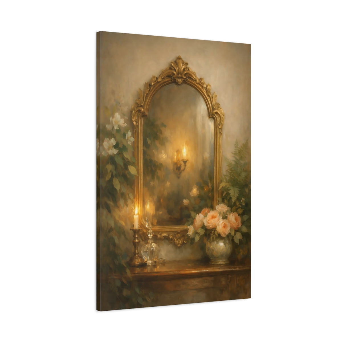 Side Mockup 1. Vintage Ornate Mirror Gold And Green shown as stretched canvas wall art