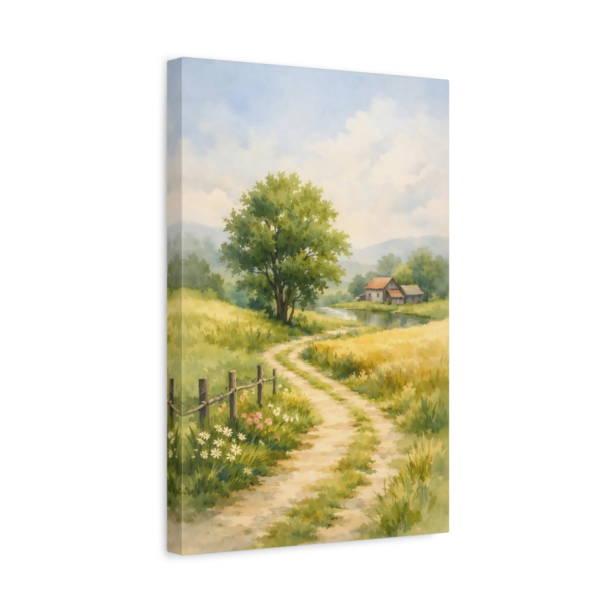 Side Mockup 4. Nature Rural Path Green Yellow Landscape shown as stretched canvas wall art