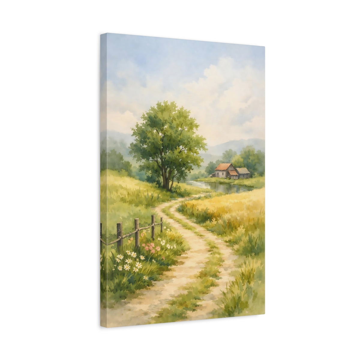 Side Mockup 3. Nature Rural Path Green Yellow Landscape shown as stretched canvas wall art