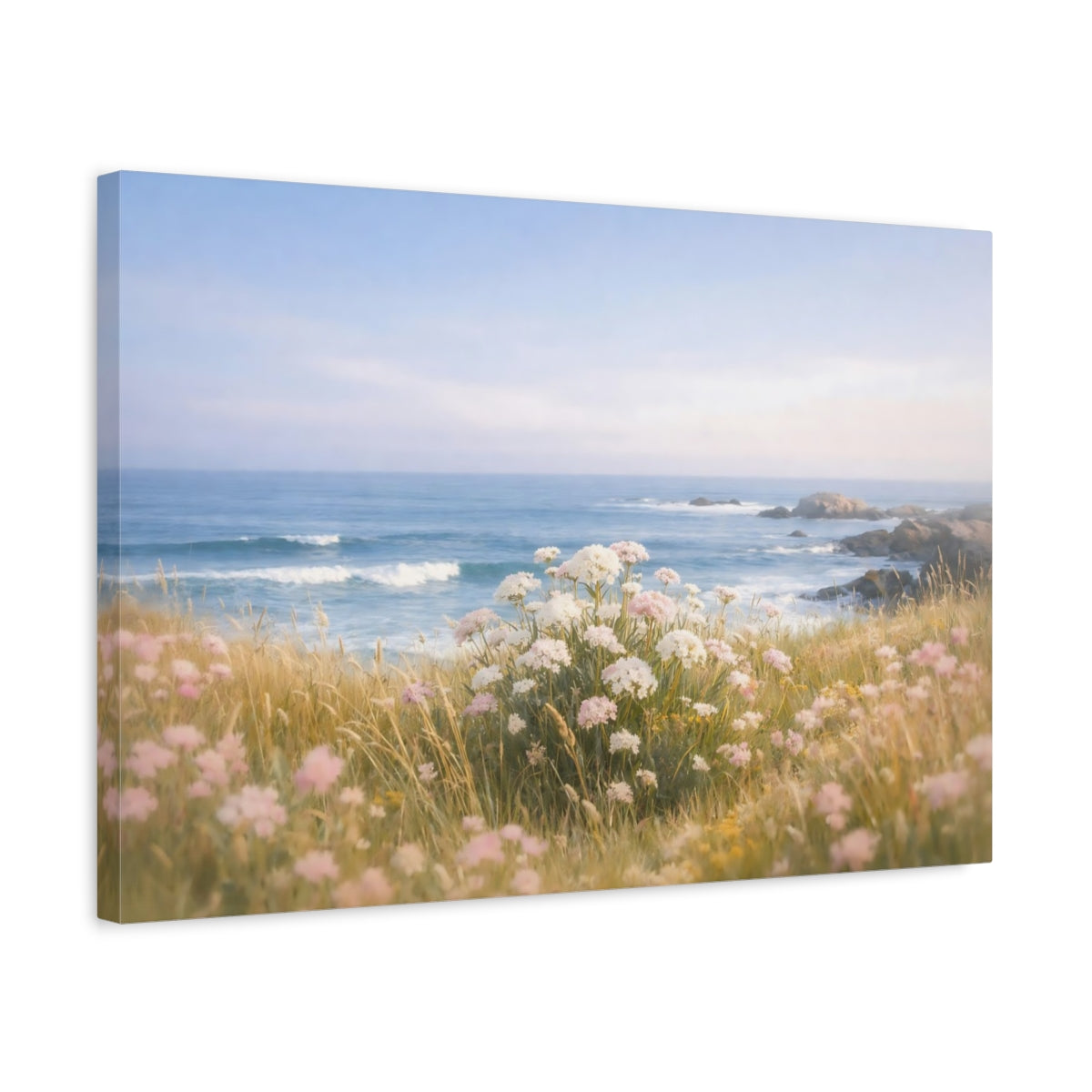 Side Mockup 3. Nature Ocean Meadow shown as stretched canvas wall art