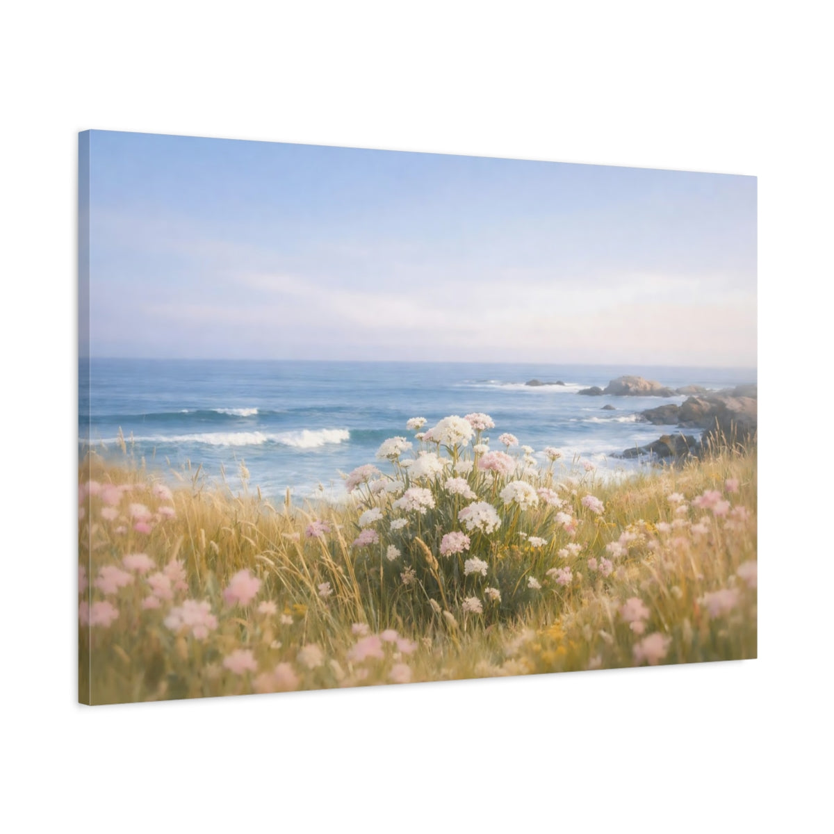 Side Mockup 1. Nature Ocean Meadow shown as stretched canvas wall art