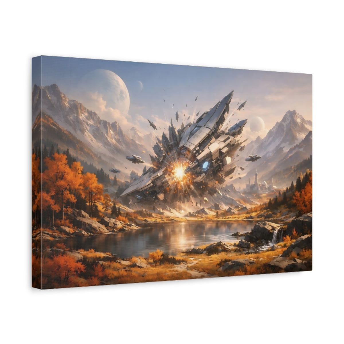 Science Fiction Autumn Mountains Spaceship Crash - Canvas Wall Art Print