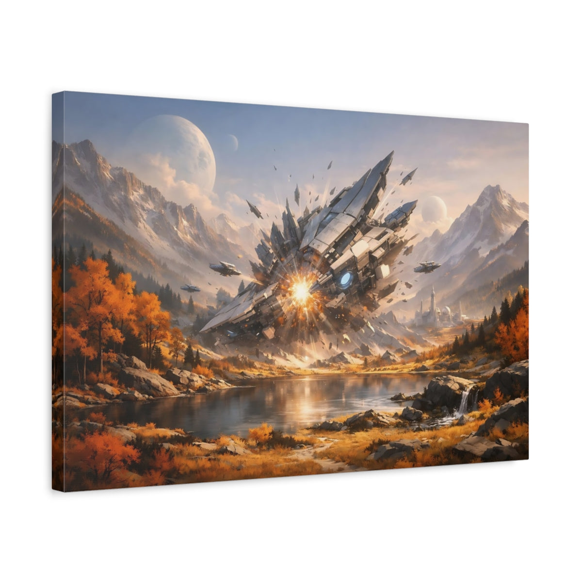 Science Fiction Autumn Mountains Spaceship Crash - Canvas Wall Art Print