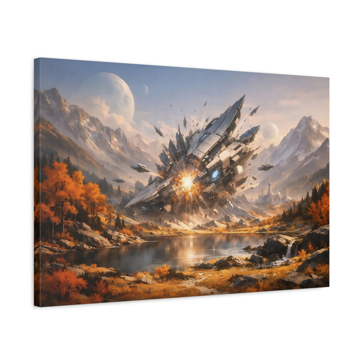 Science Fiction Autumn Mountains Spaceship Crash - Canvas Wall Art Print