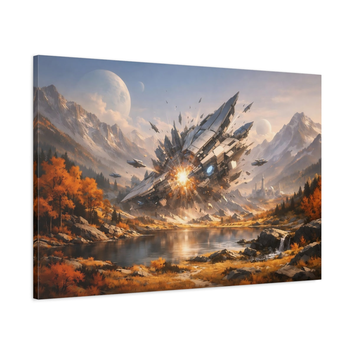 Science Fiction Autumn Mountains Spaceship Crash - Canvas Wall Art Print