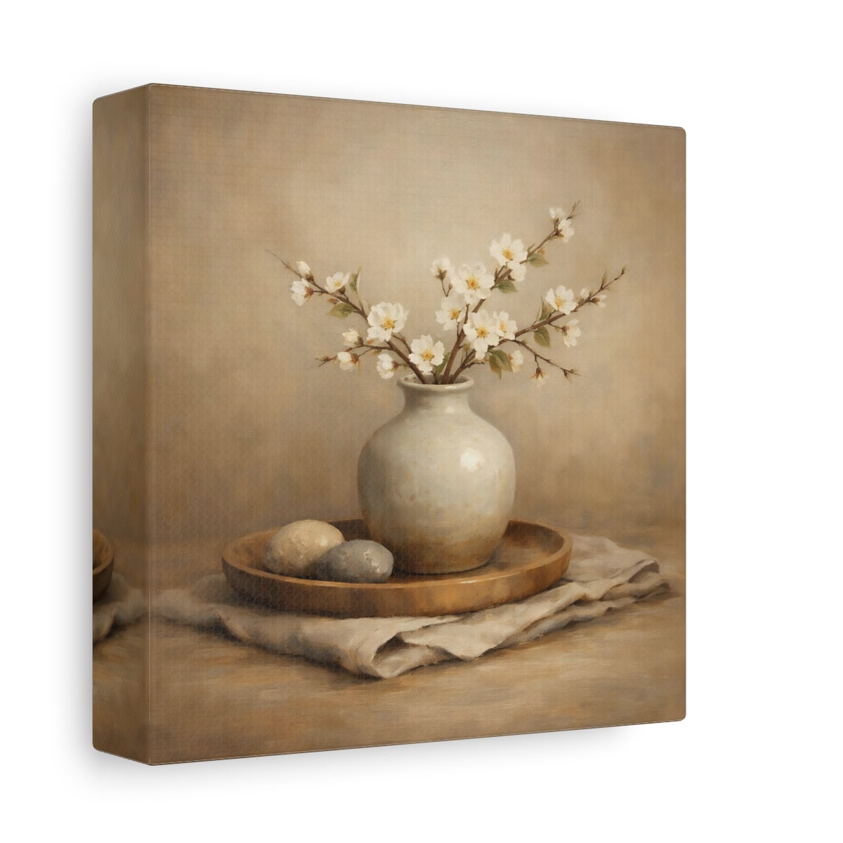 Side Mockup 1. Nature White Blossoms Neutral Floral Still Life shown as stretched canvas wall art