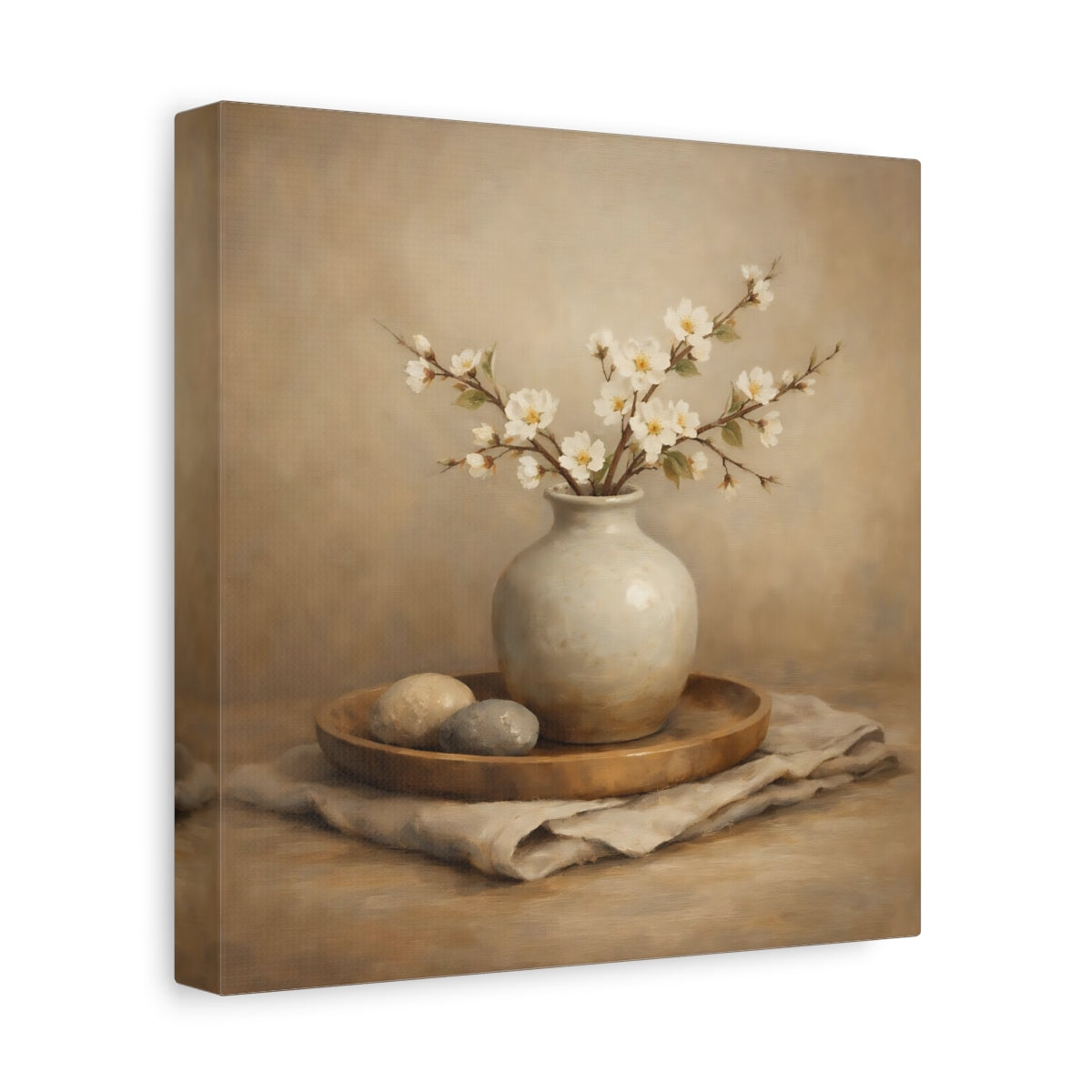 Side Mockup 9. Nature White Blossoms Neutral Floral Still Life shown as stretched canvas wall art