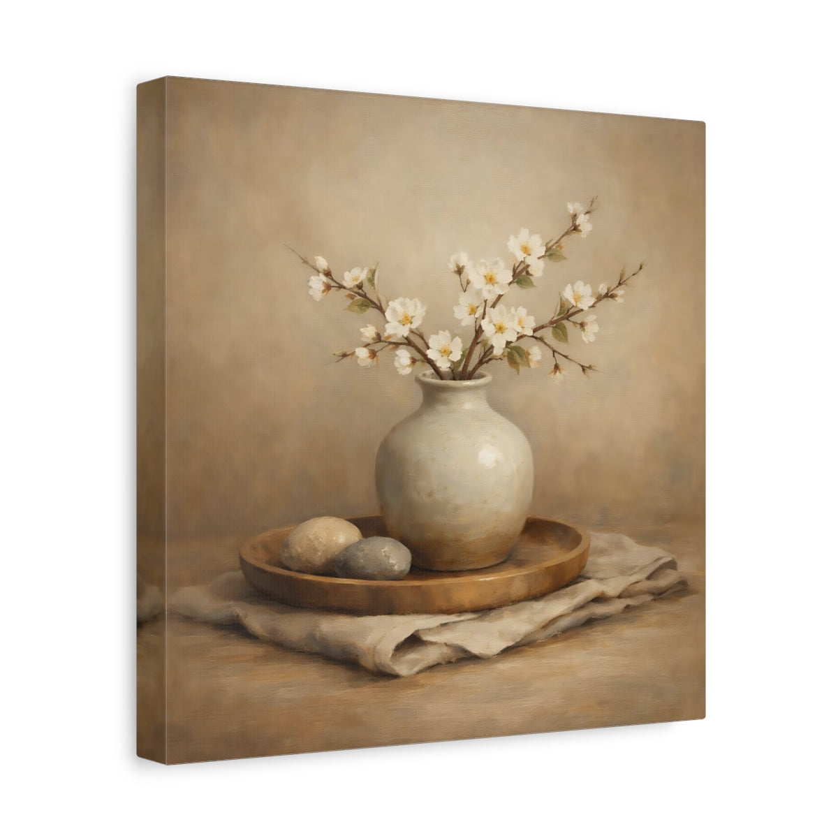 Side Mockup 8. Nature White Blossoms Neutral Floral Still Life shown as stretched canvas wall art