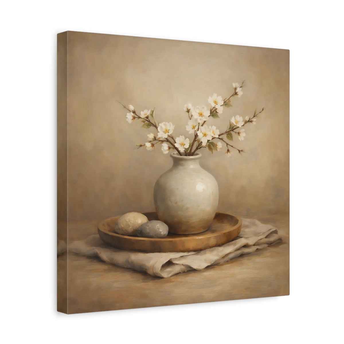 Side Mockup 7. Nature White Blossoms Neutral Floral Still Life shown as stretched canvas wall art