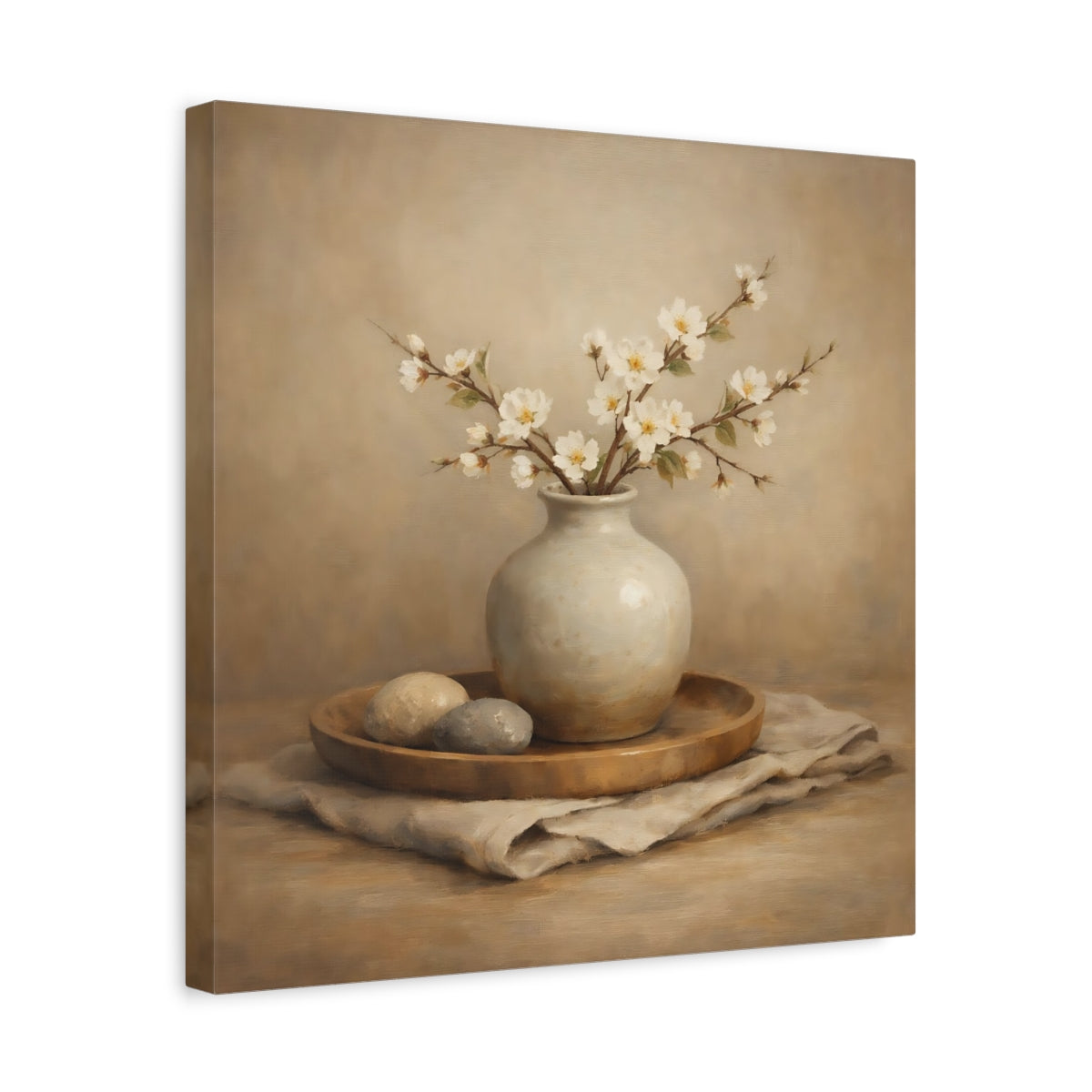 Side Mockup 6. Nature White Blossoms Neutral Floral Still Life shown as stretched canvas wall art