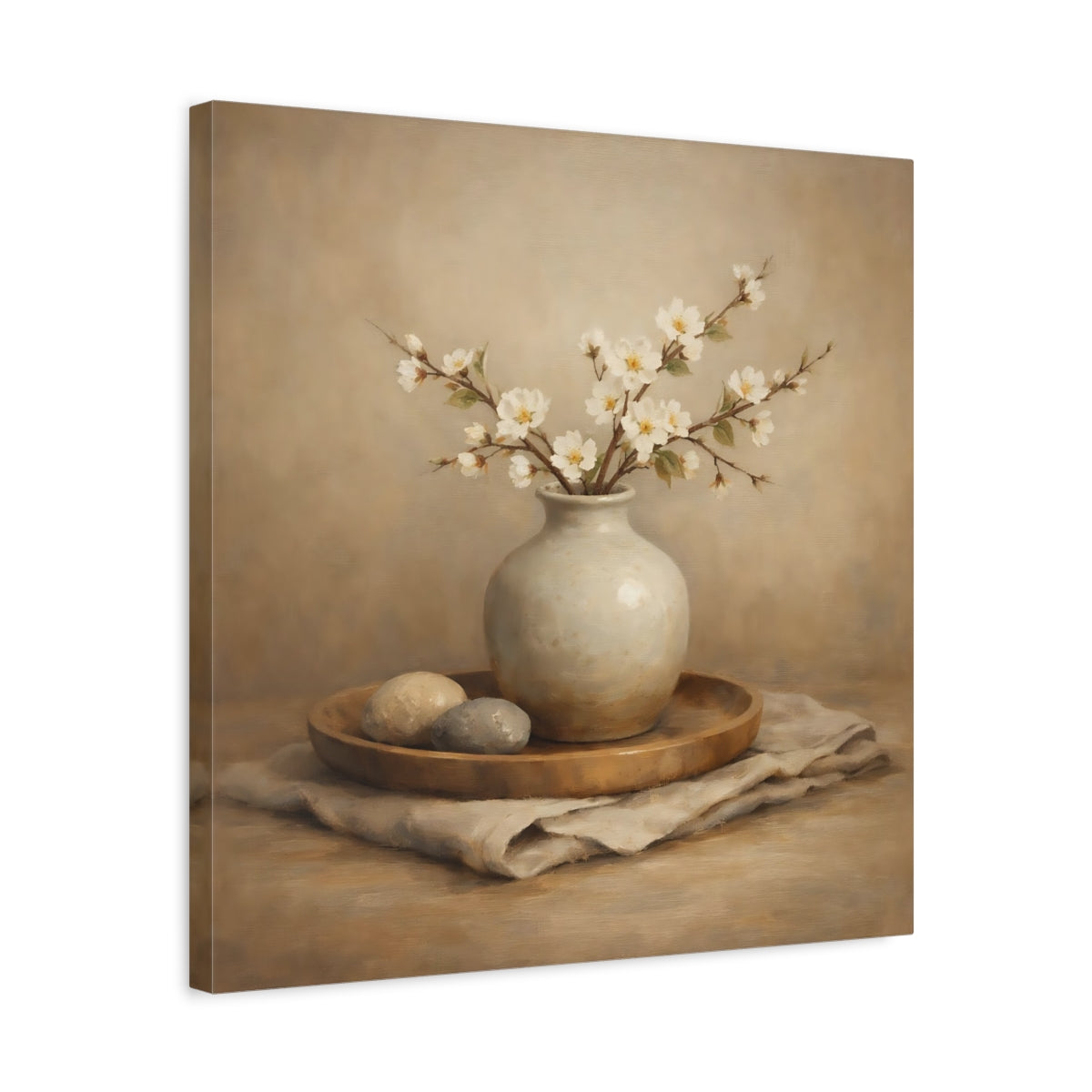Side Mockup 5. Nature White Blossoms Neutral Floral Still Life shown as stretched canvas wall art