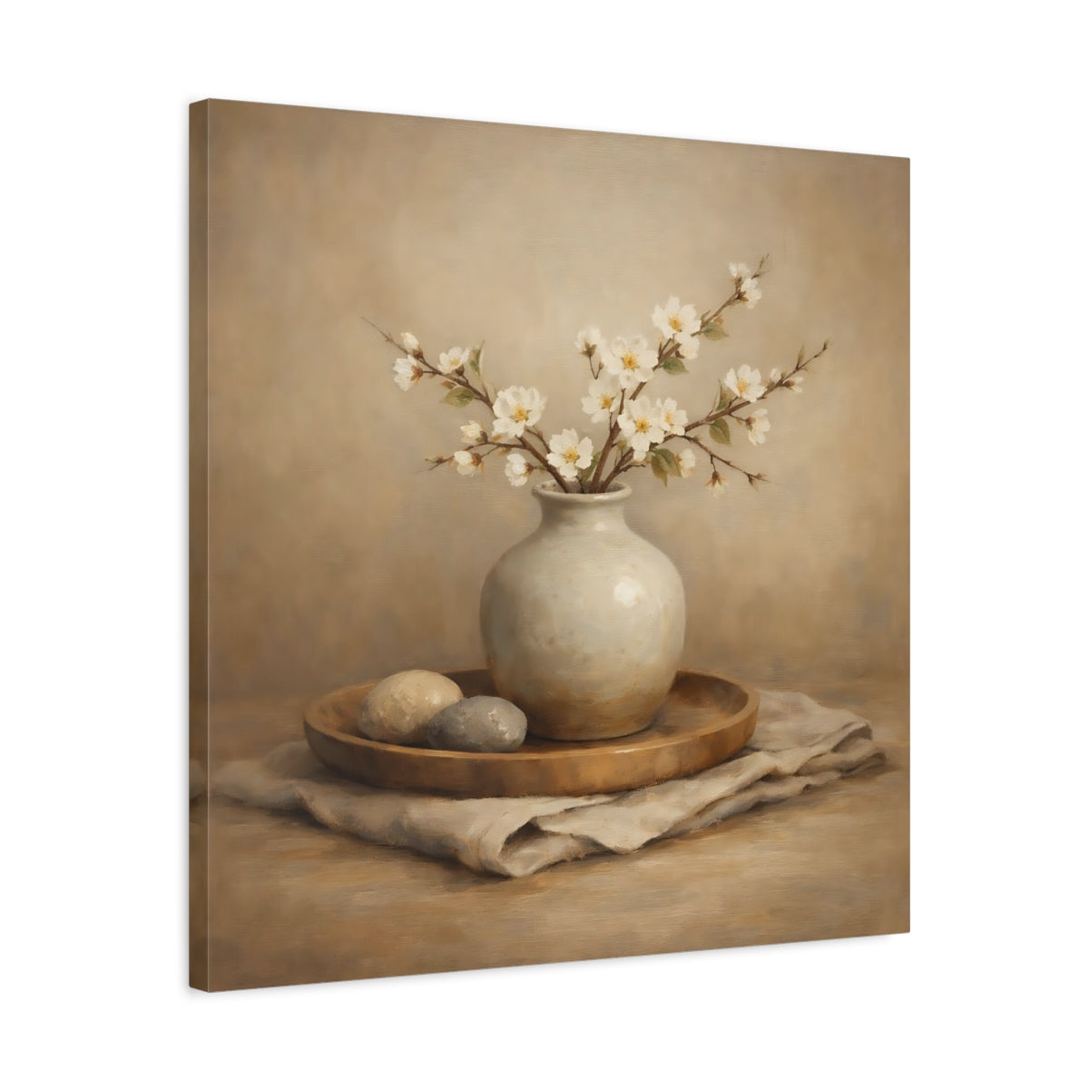 Side Mockup 4. Nature White Blossoms Neutral Floral Still Life shown as stretched canvas wall art