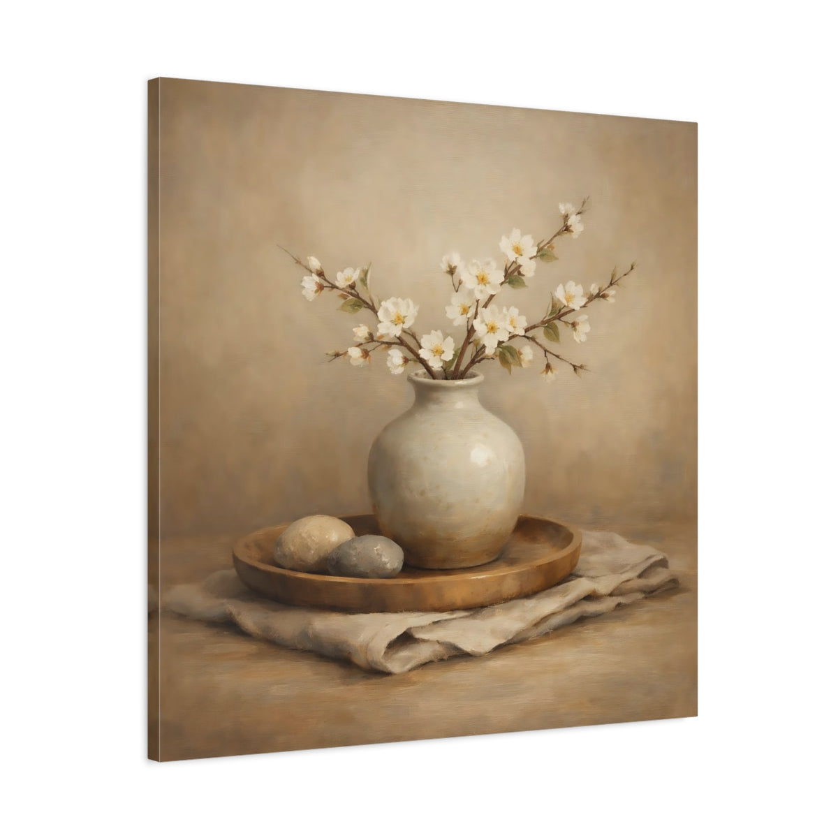 Side Mockup 3. Nature White Blossoms Neutral Floral Still Life shown as stretched canvas wall art
