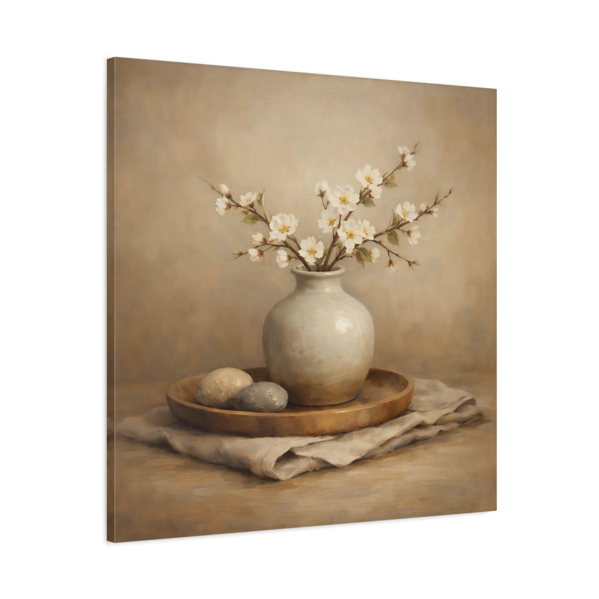 Side Mockup 2. Nature White Blossoms Neutral Floral Still Life shown as stretched canvas wall art