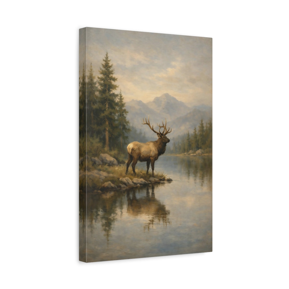 Side Mockup 4. Nature Elk Elk Mountain Lake shown as stretched canvas wall art