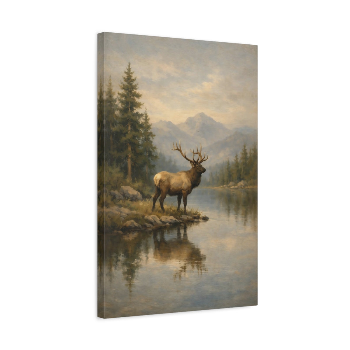 Side Mockup 3. Nature Elk Elk Mountain Lake shown as stretched canvas wall art