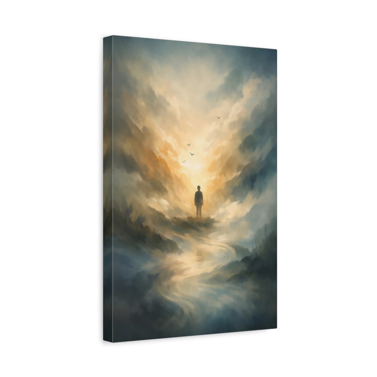 Side Mockup 4. Nature Lone Figure Golden Sky Landscape shown as stretched canvas wall art