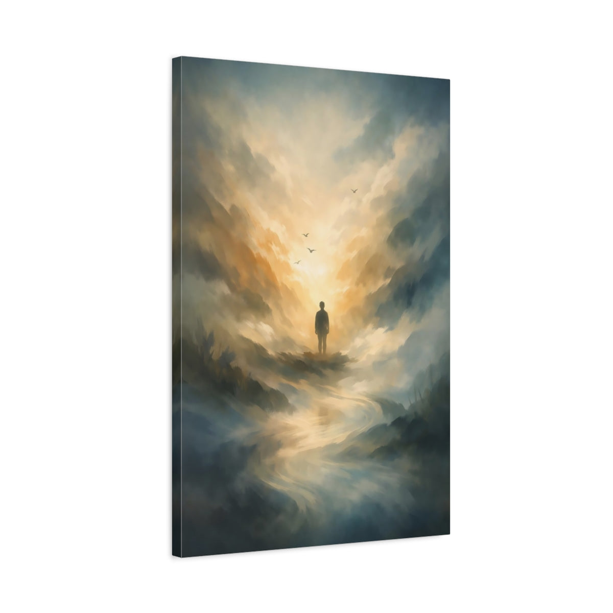 Side Mockup 2. Nature Lone Figure Golden Sky Landscape shown as stretched canvas wall art