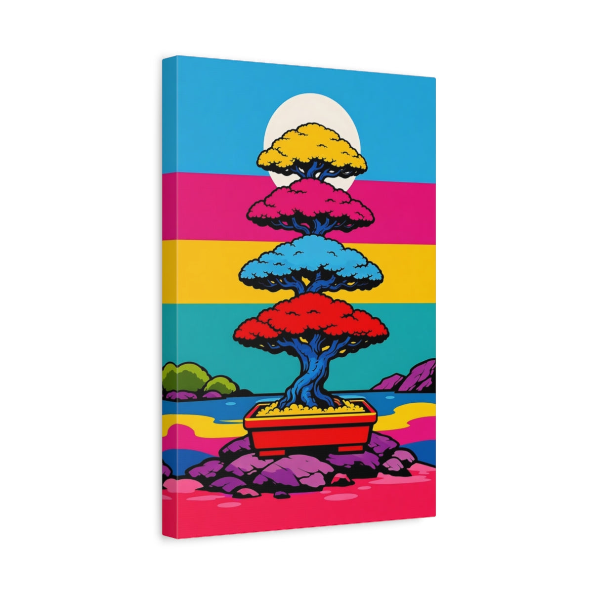 Side Mockup 4. Nature Bonsai Tree Vibrant Bonsai Landscape shown as stretched canvas wall art