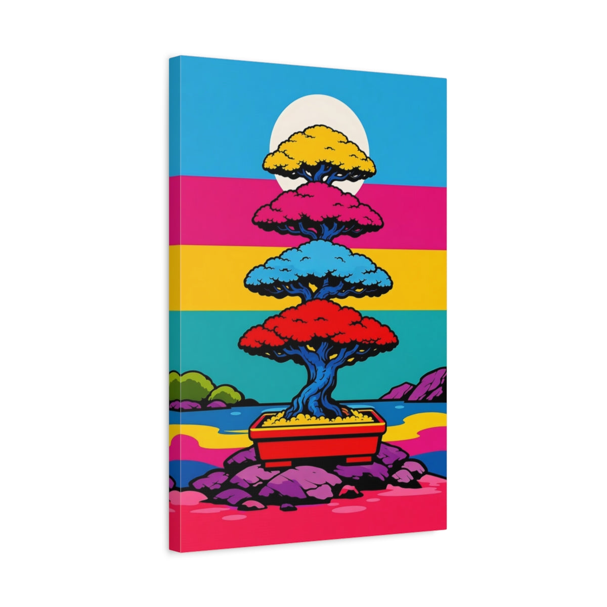 Side Mockup 3. Nature Bonsai Tree Vibrant Bonsai Landscape shown as stretched canvas wall art