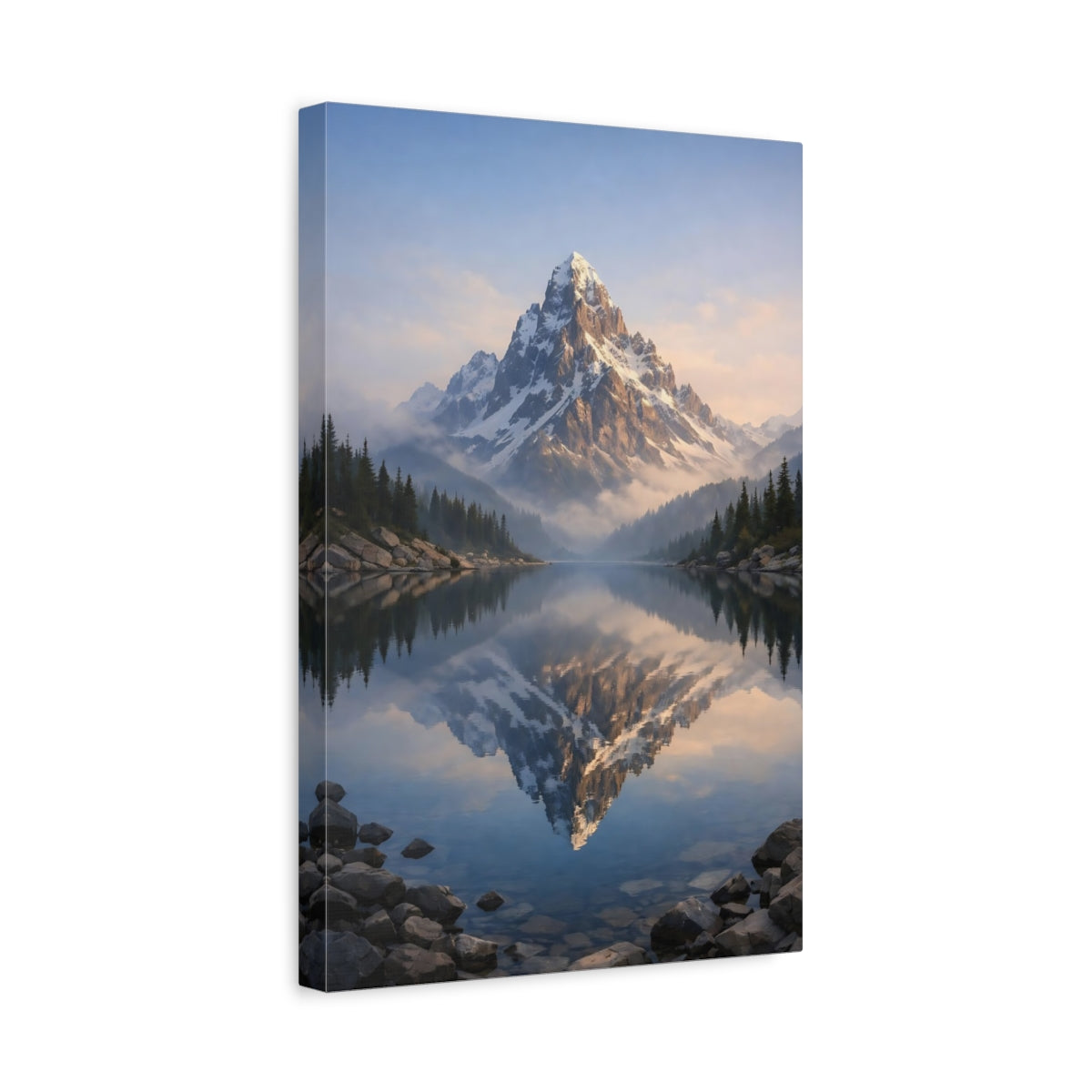 Side Mockup 4. Nature Snow Mountain Mountain Lake Reflection shown as stretched canvas wall art
