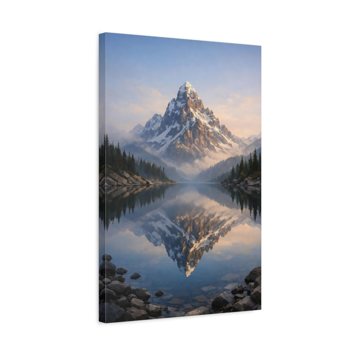 Side Mockup 3. Nature Snow Mountain Mountain Lake Reflection shown as stretched canvas wall art