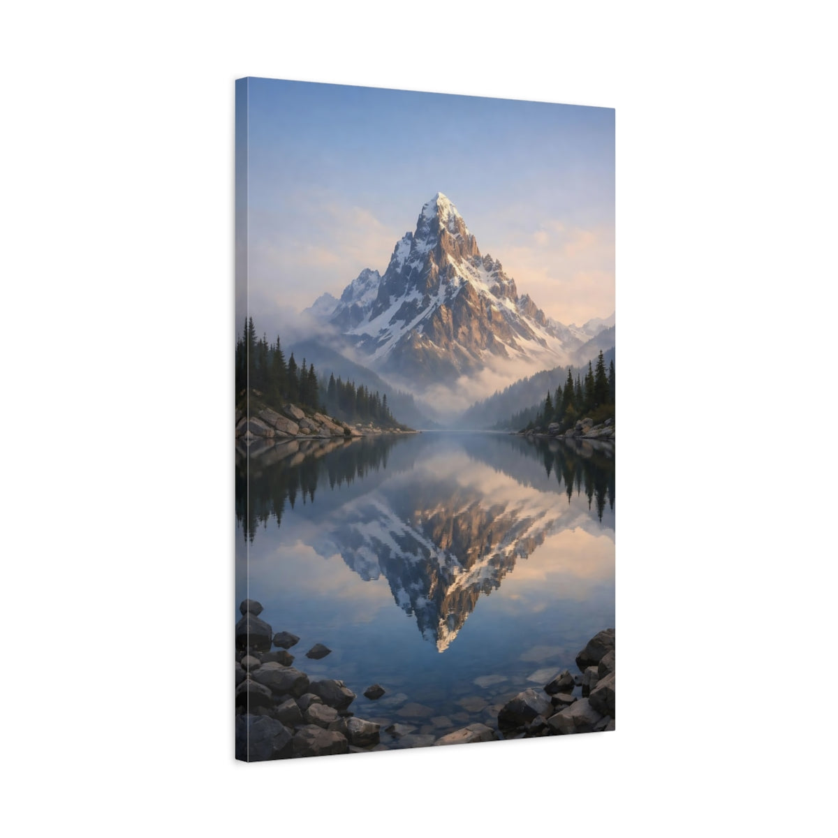 Side Mockup 2. Nature Snow Mountain Mountain Lake Reflection shown as stretched canvas wall art