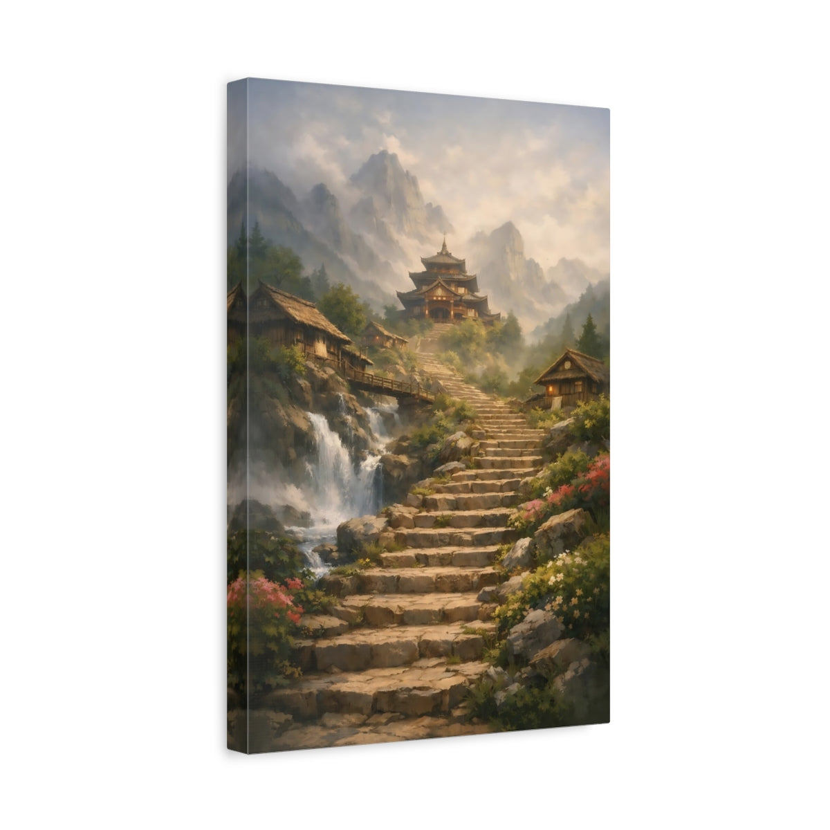 Side Mockup 4. Nature Mountain Temple Misty Mountain Temple shown as stretched canvas wall art