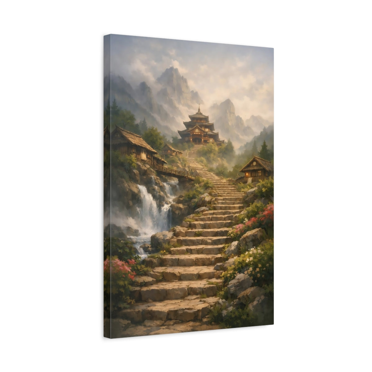Side Mockup 3. Nature Mountain Temple Misty Mountain Temple shown as stretched canvas wall art