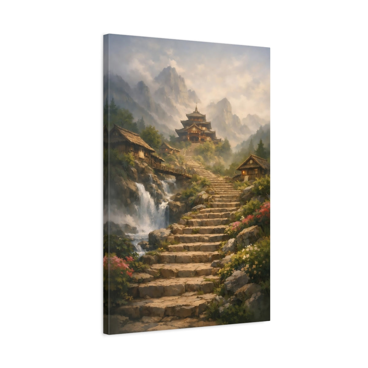 Side Mockup 2. Nature Mountain Temple Misty Mountain Temple shown as stretched canvas wall art