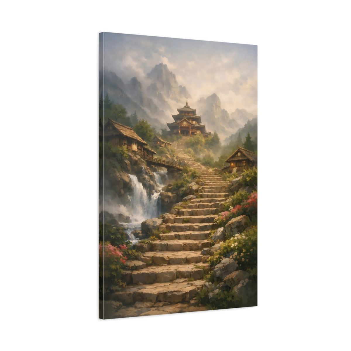Side Mockup 1. Nature Mountain Temple Misty Mountain Temple shown as stretched canvas wall art