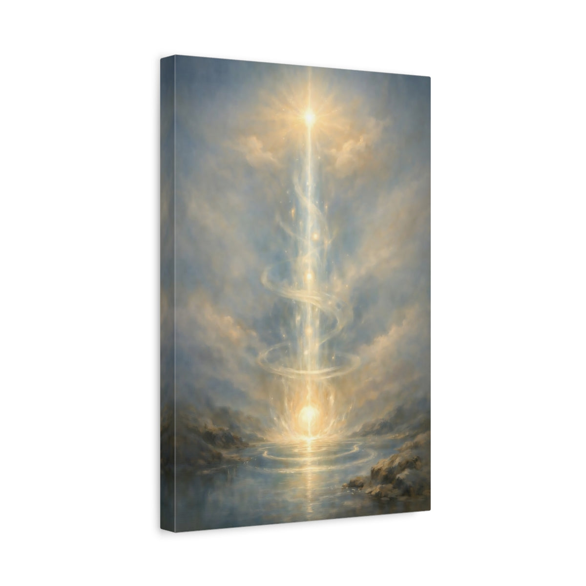 Side Mockup 4. Abstract Light Pillar Blue And Gold shown as stretched canvas wall art