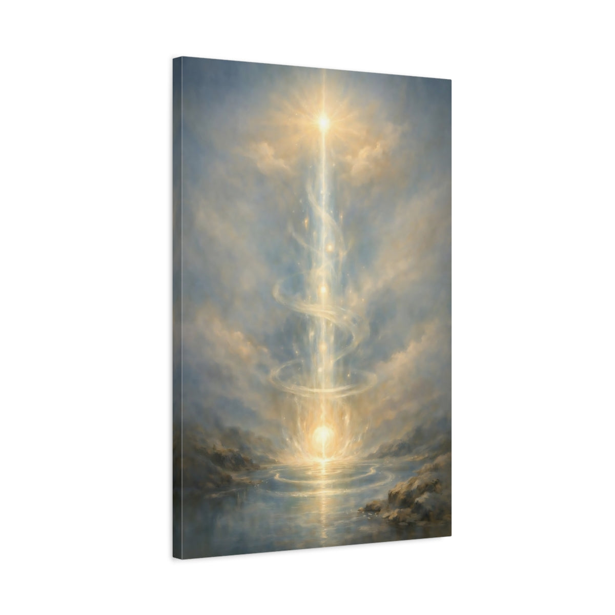 Side Mockup 2. Abstract Light Pillar Blue And Gold shown as stretched canvas wall art