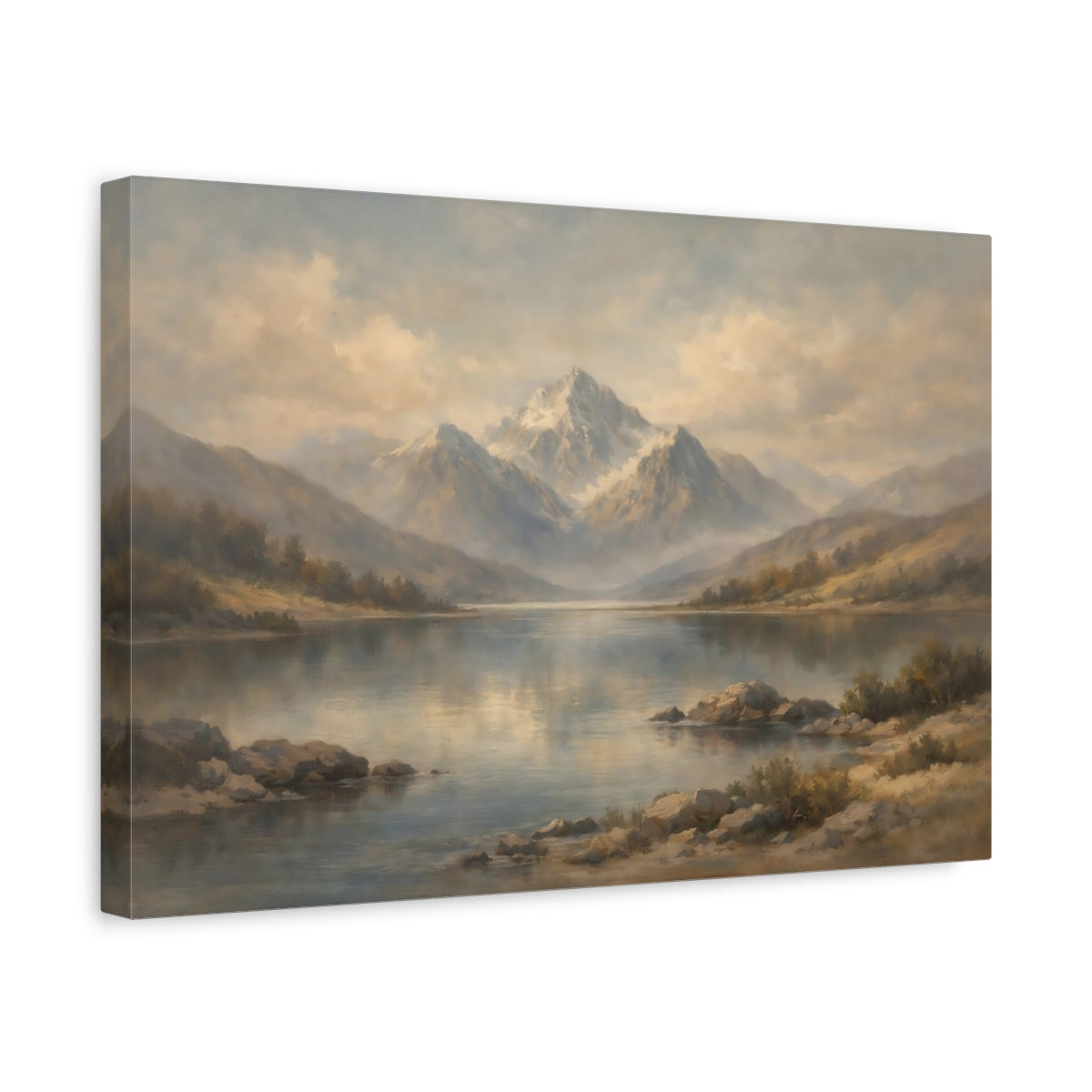Side Mockup 4. Nature Misty Mountains Misty Mountains Lake shown as stretched canvas wall art
