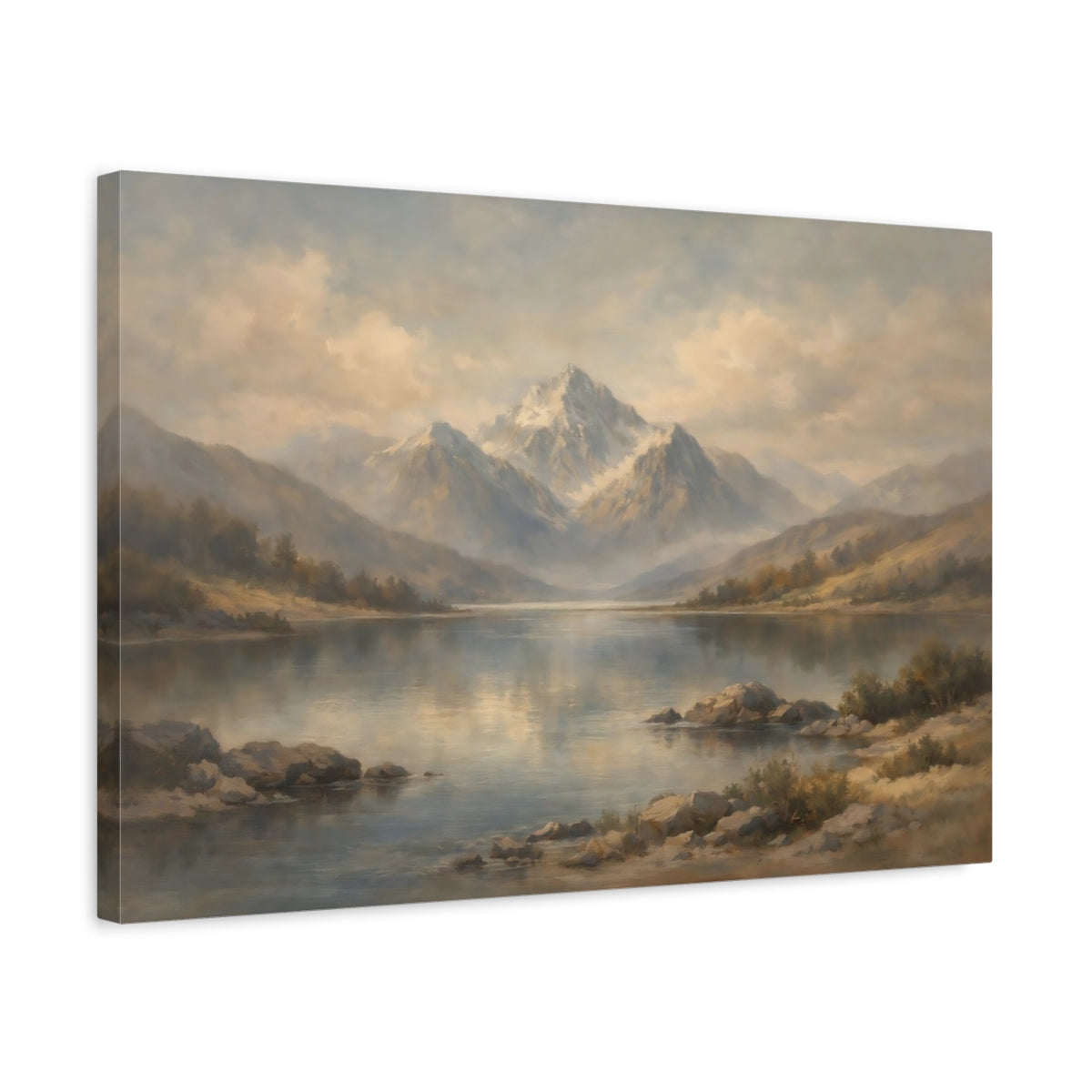 Side Mockup 3. Nature Misty Mountains Misty Mountains Lake shown as stretched canvas wall art