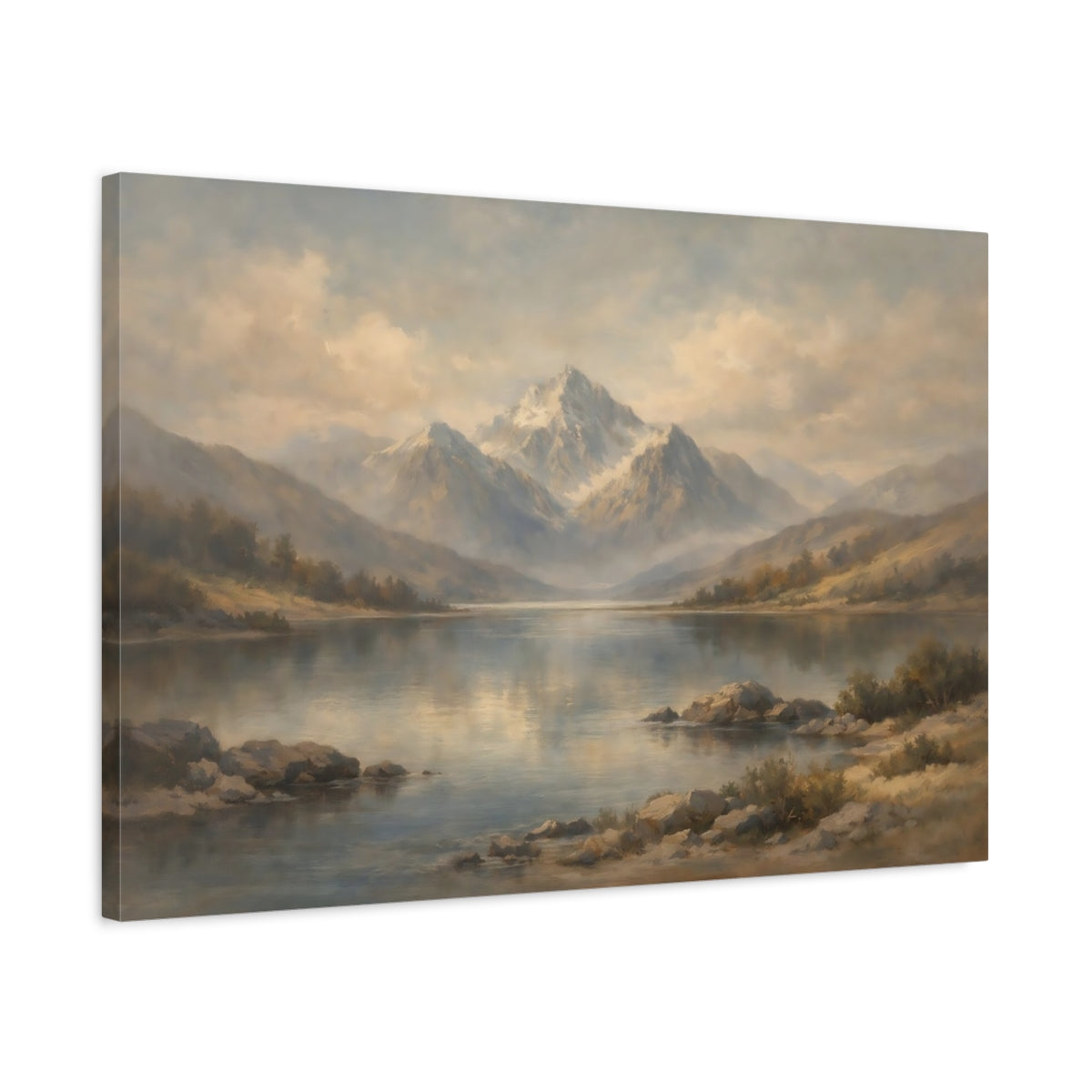 Side Mockup 2. Nature Misty Mountains Misty Mountains Lake shown as stretched canvas wall art