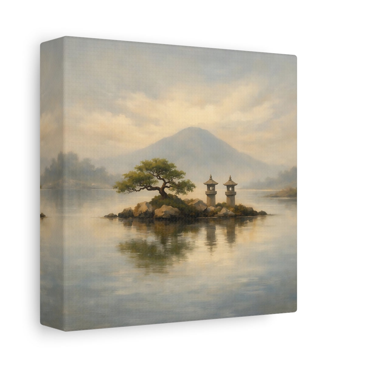 Side Mockup 1. Nature Island Lanterns Japanese Landscape shown as stretched canvas wall art