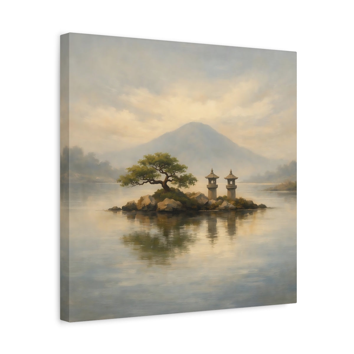 Side Mockup 6. Nature Island Lanterns Japanese Landscape shown as stretched canvas wall art