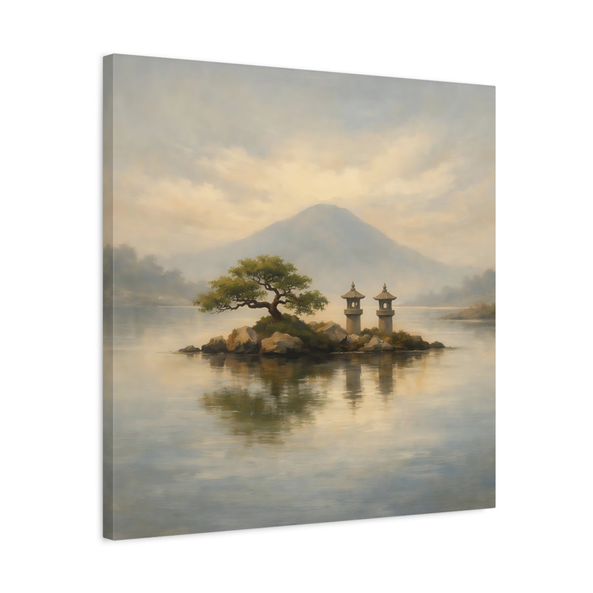 Side Mockup 4. Nature Island Lanterns Japanese Landscape shown as stretched canvas wall art