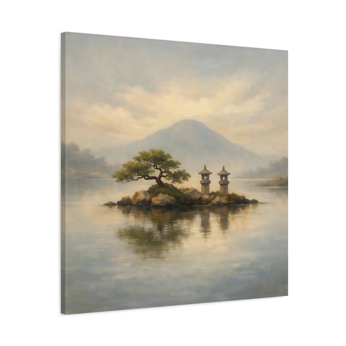 Side Mockup 3. Nature Island Lanterns Japanese Landscape shown as stretched canvas wall art