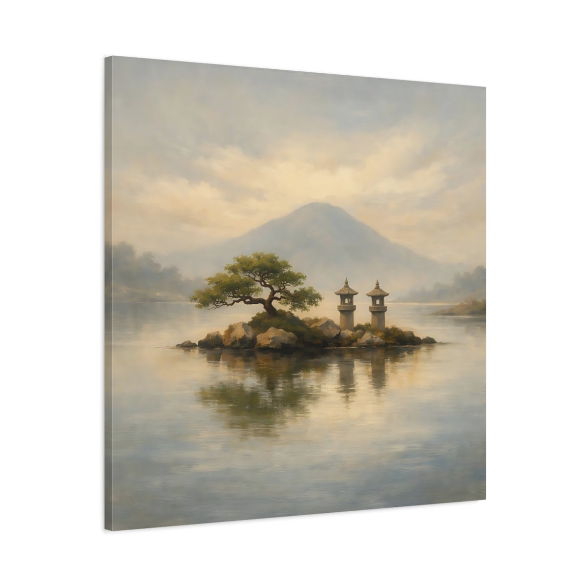 Side Mockup 2. Nature Island Lanterns Japanese Landscape shown as stretched canvas wall art