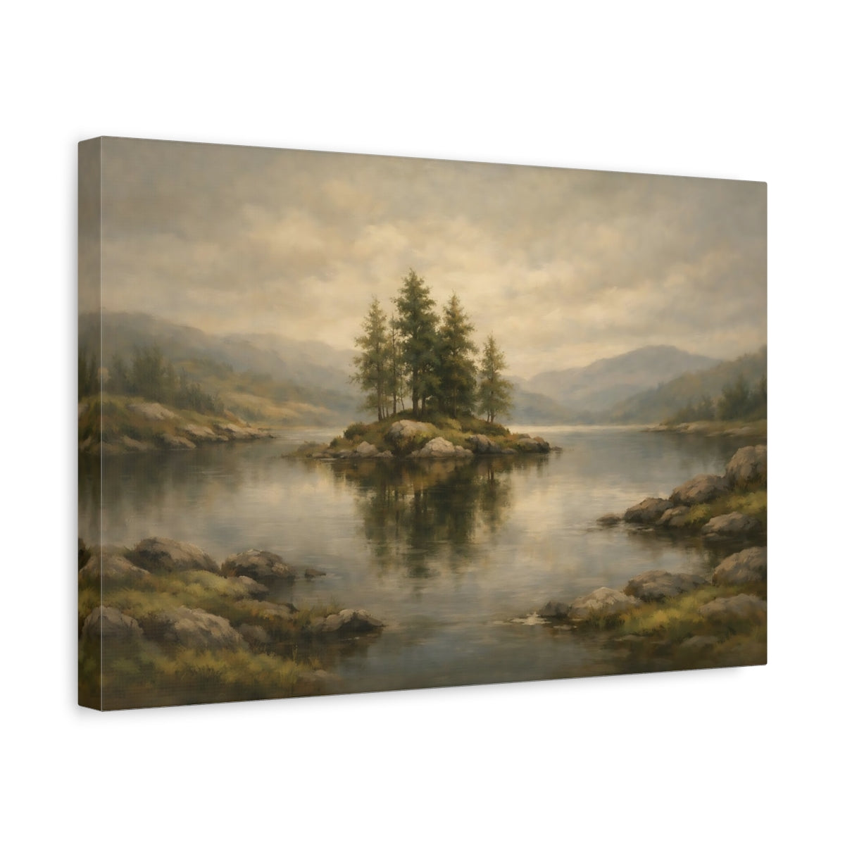 Side Mockup 4. Nature Lake Island Misty Lake Island shown as stretched canvas wall art